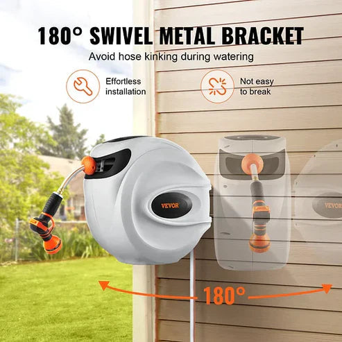 Intelligent Retractable Hose Reel, 180° Swivel Wall Mount